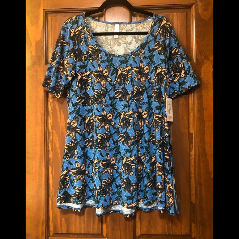 NWT LuLaRoe Perfect T- Blue with Peach Flowers